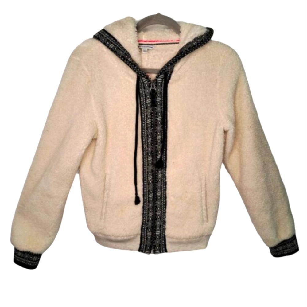 American Eagle Hooded Sherpa Jacket Full Zip Ivory Black Size XS